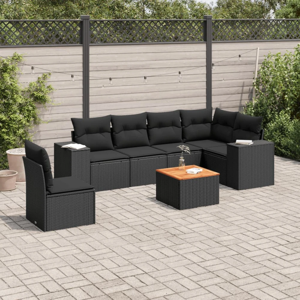 Sofa Sofos komplektas su pagalvėlėmis, 7 dalių, juodas, poliratanas