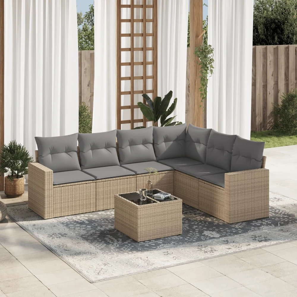 Sofa Sofos komplektas su pagalvėlėmis, 7 dalių, smėlio, poliratanas