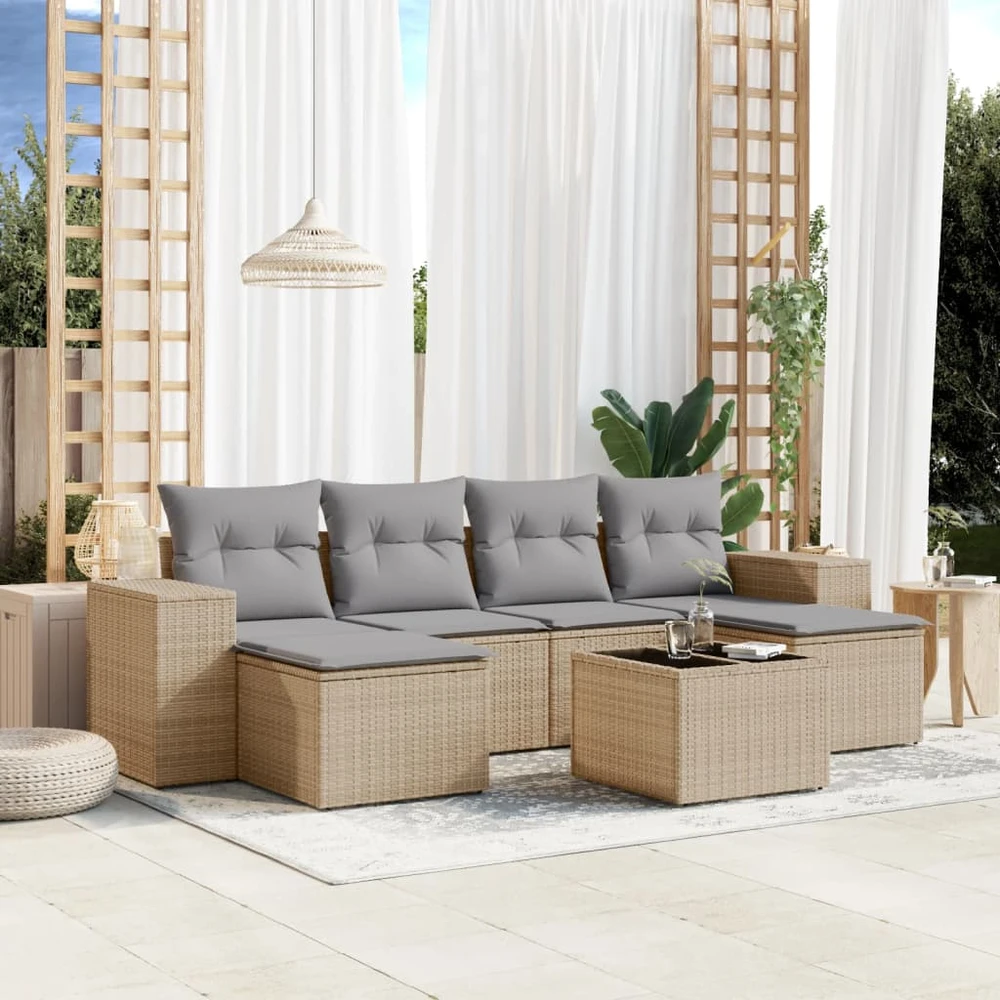Sofa Sofos komplektas su pagalvėlėmis, 7 dalių, smėlio, poliratanas