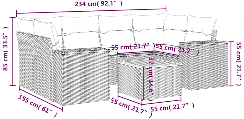 Sofa Sofos komplektas su pagalvėlėmis, 7 dalių, juodas, poliratanas