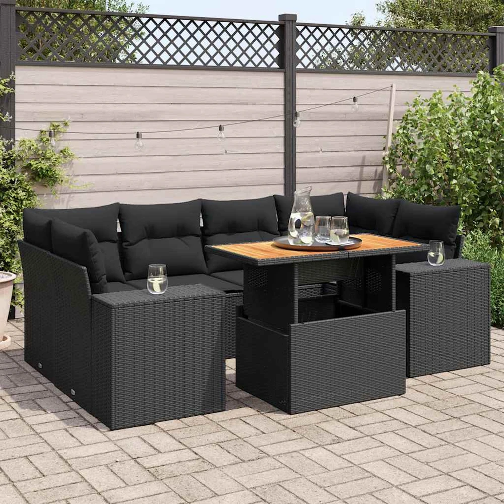 Sofa Sofos komplektas su pagalvėlėmis, 7 dalių, juodas, poliratanas