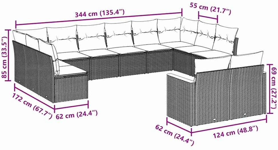 Lauko baldų komplektas Sofos komplektas su pagalvėlėmis, 7 dalių, juodas, poliratanas