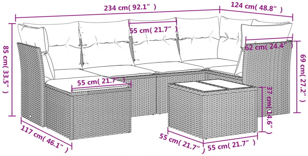 Sofa Sofos komplektas su pagalvėlėmis, 7 dalių, smėlio, poliratanas