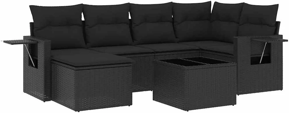 Lauko baldų komplektas Sofos komplektas su pagalvėlėmis, 7 dalių, juodas, poliratanas