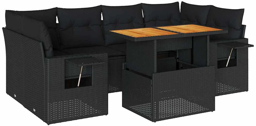 Sofa Sofos komplektas su pagalvėlėmis, 7 dalių, juodas, poliratanas