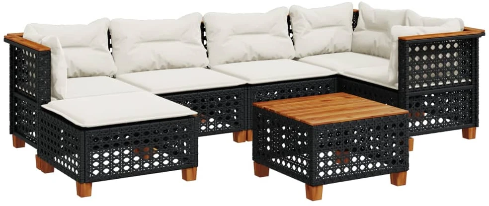Lauko baldų komplektas Sofos komplektas su pagalvėlėmis, 7 dalių, juodas, poliratanas