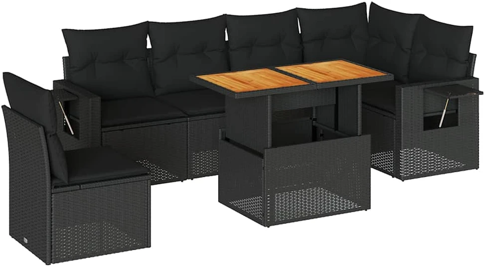 Sofa Sofos komplektas su pagalvėlėmis, 7 dalių, juodas, poliratanas