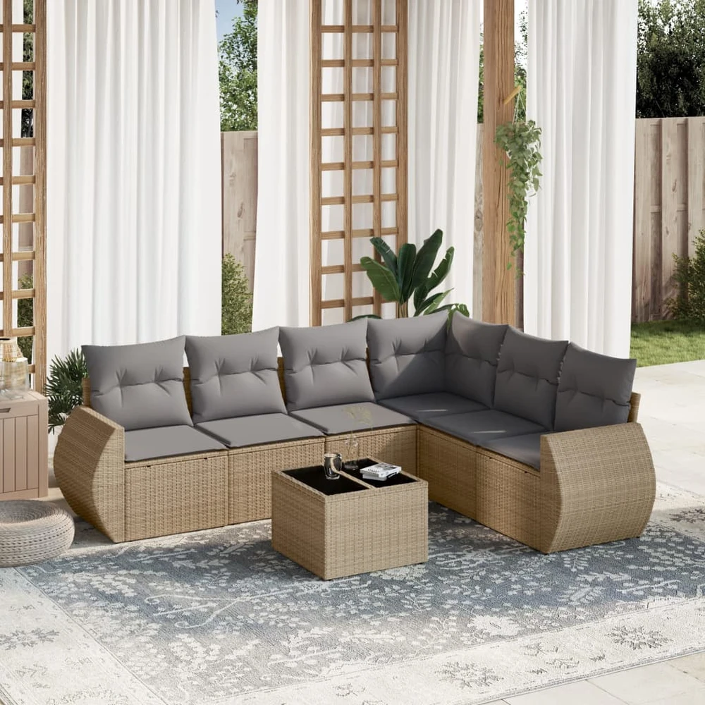Sofa Sofos komplektas su pagalvėlėmis, 7 dalių, smėlio, poliratanas