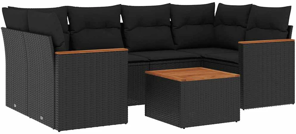 Lauko baldų komplektas Sofos komplektas su pagalvėlėmis, 7 dalių, juodas, poliratanas