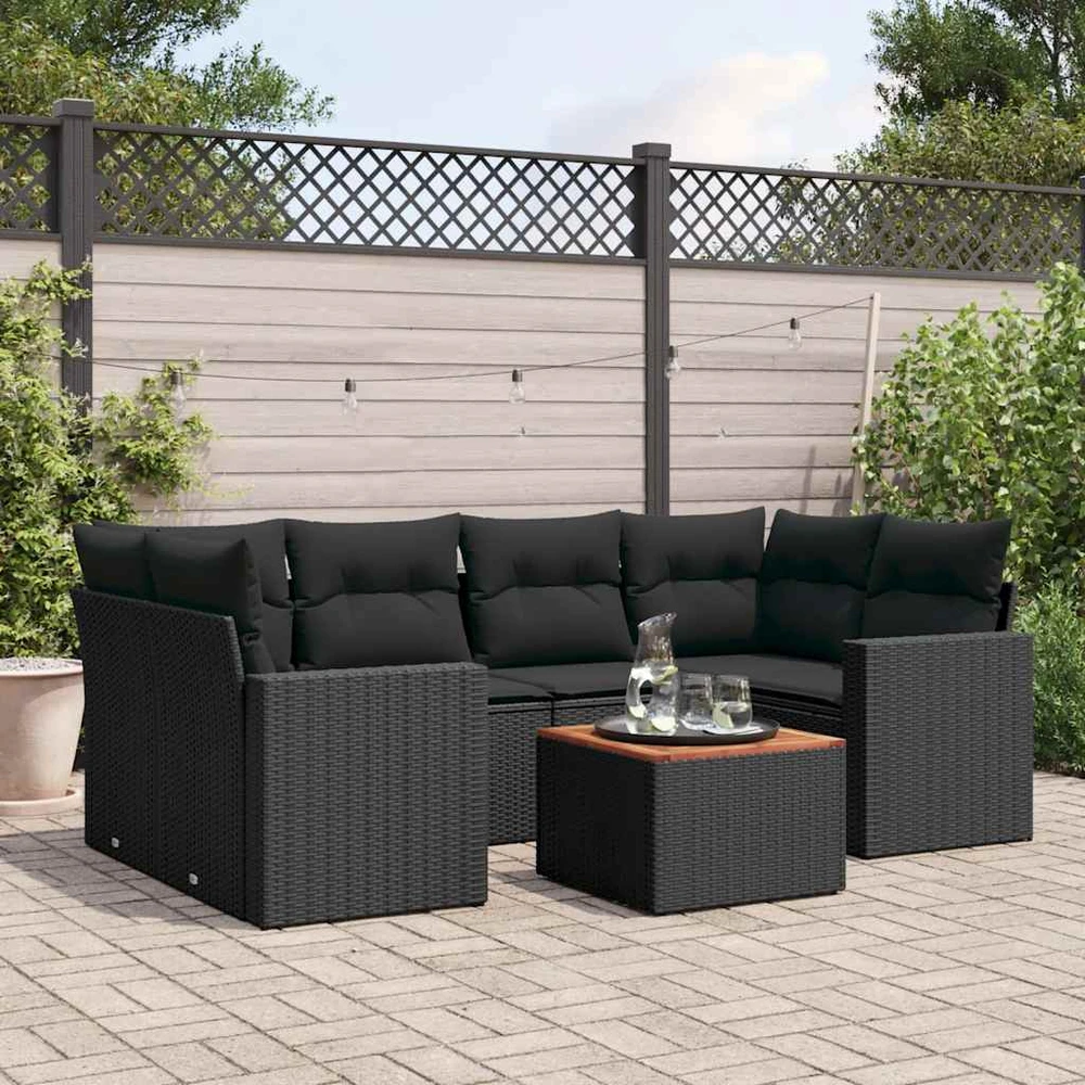 Lauko baldų komplektas Sofos komplektas su pagalvėlėmis, 7 dalių, juodas, poliratanas
