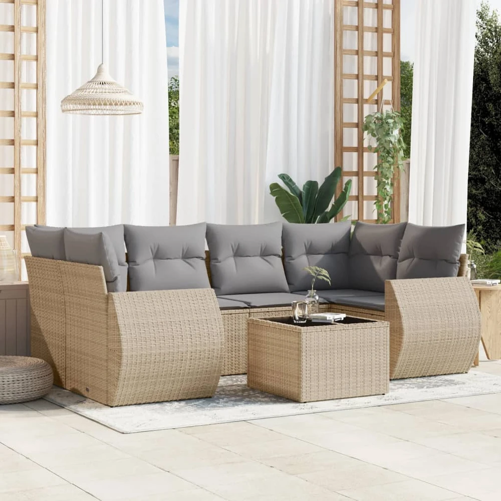 Sofa Sofos komplektas su pagalvėlėmis, 7 dalių, smėlio, poliratanas
