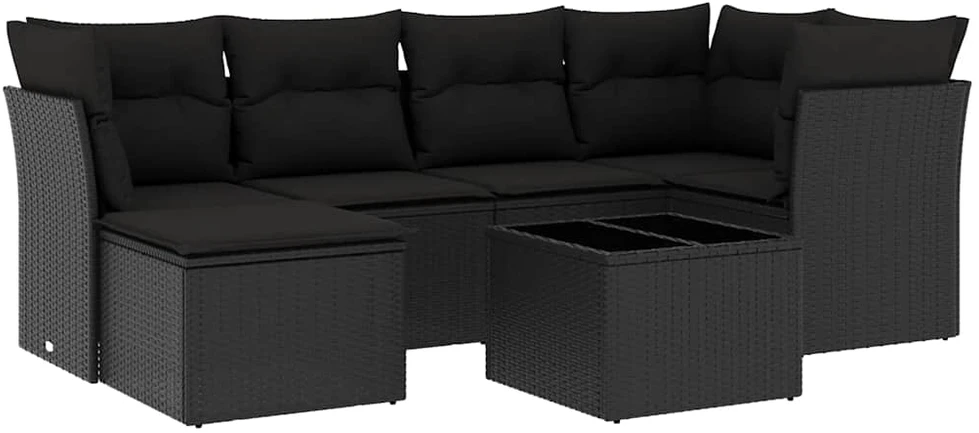 Lauko baldų komplektas Sofos komplektas su pagalvėlėmis, 7 dalių, juodas, poliratanas