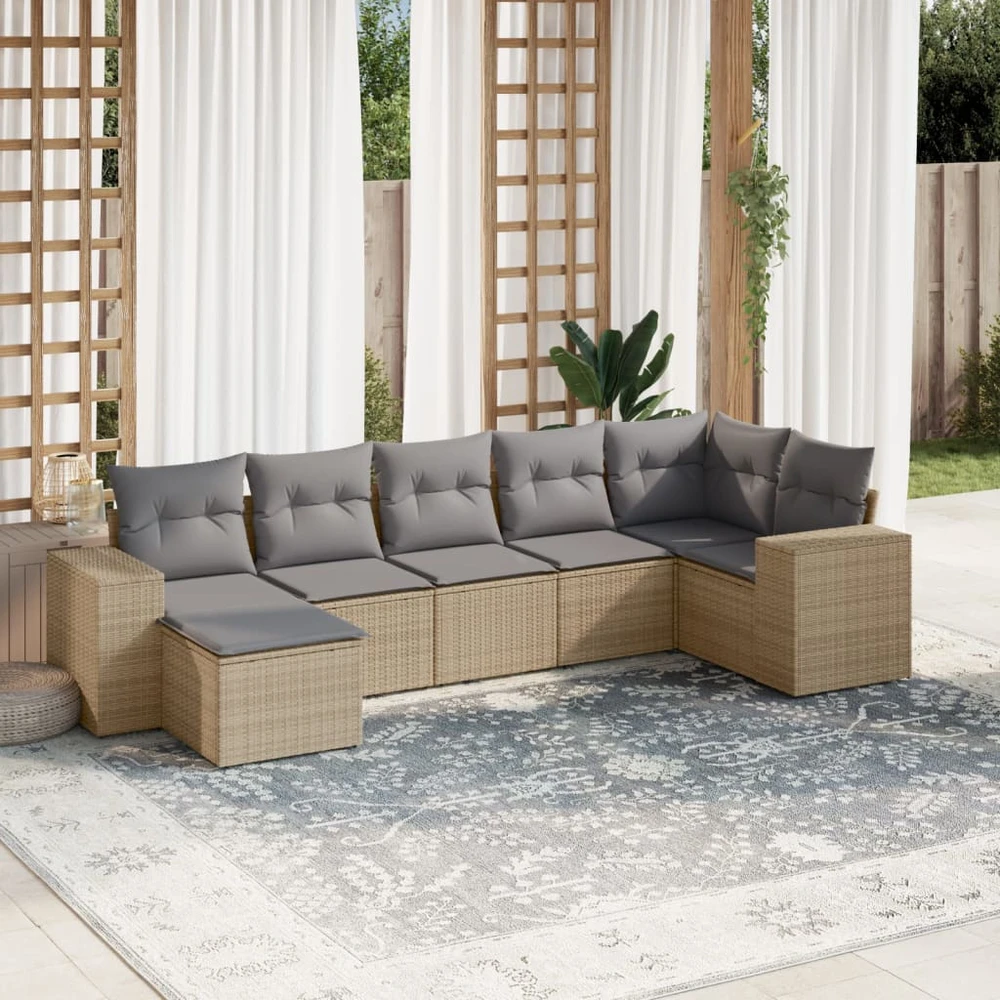 Lauko baldų komplektas Sofos komplektas su pagalvėlėmis, 7 dalių, smėlio, poliratanas