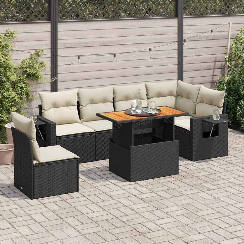 Sofa Sofos komplektas su pagalvėlėmis, 7 dalių, juodas, poliratanas