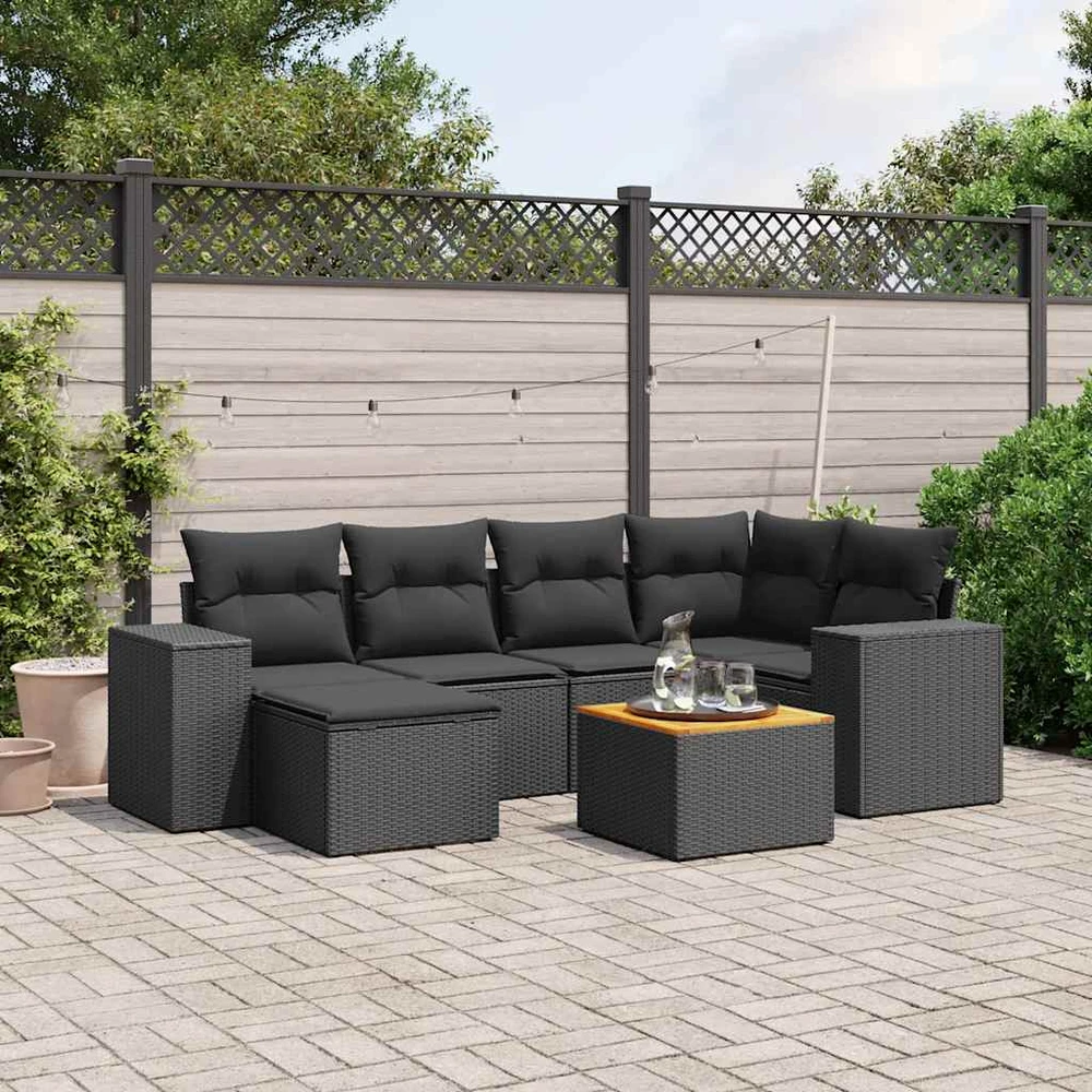 Sofa Sofos komplektas su pagalvėlėmis, 7 dalių, juodas, poliratanas