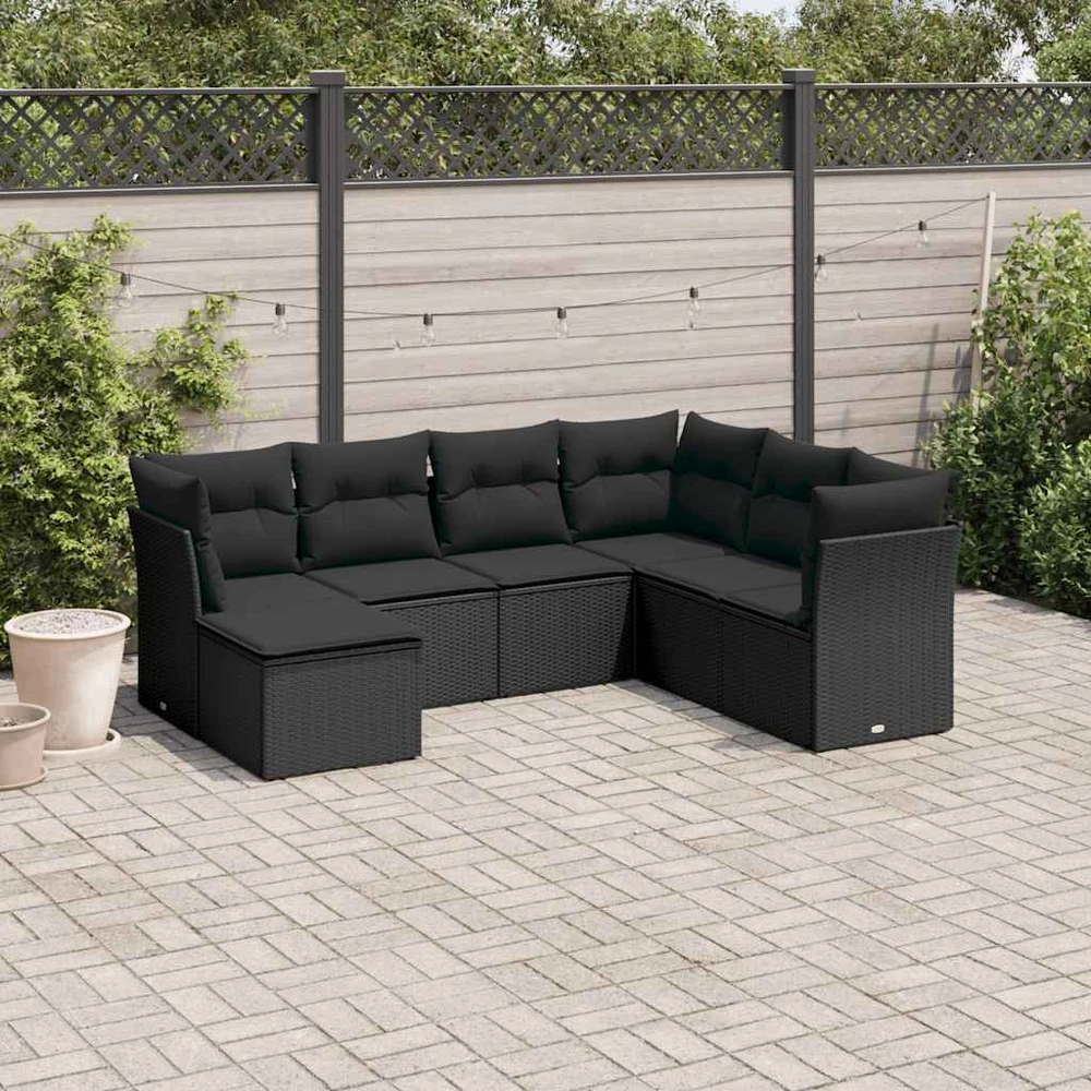 Lauko baldų komplektas Sofos komplektas su pagalvėlėmis, 7 dalių, juodas, poliratanas