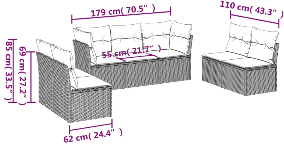 Sofa Sofos komplektas su pagalvėlėmis, 7 dalių, pilkas, poliratanas