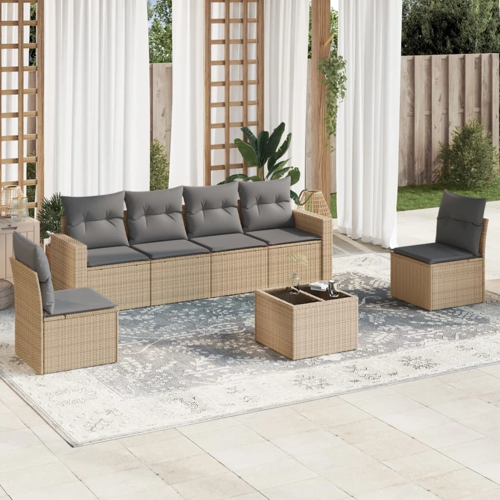 Sofa Sofos komplektas su pagalvėlėmis, 7 dalių, smėlio, poliratanas