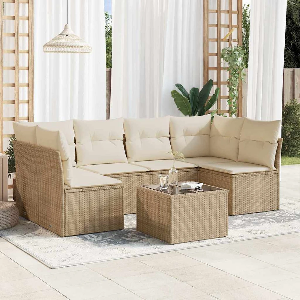 Sofa Sofos komplektas su pagalvėlėmis, 7 dalių, smėlio, poliratanas
