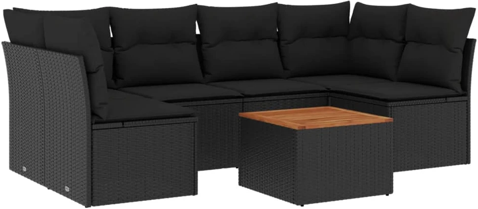 Lauko baldų komplektas Sofos komplektas su pagalvėlėmis, 7 dalių, juodas, poliratanas