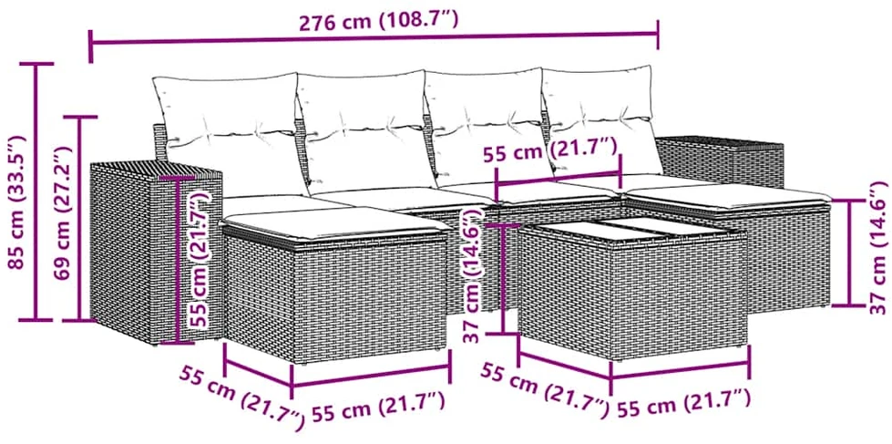 Lauko baldų komplektas Sofos komplektas su pagalvėlėmis, 7 dalių, juodas, poliratanas