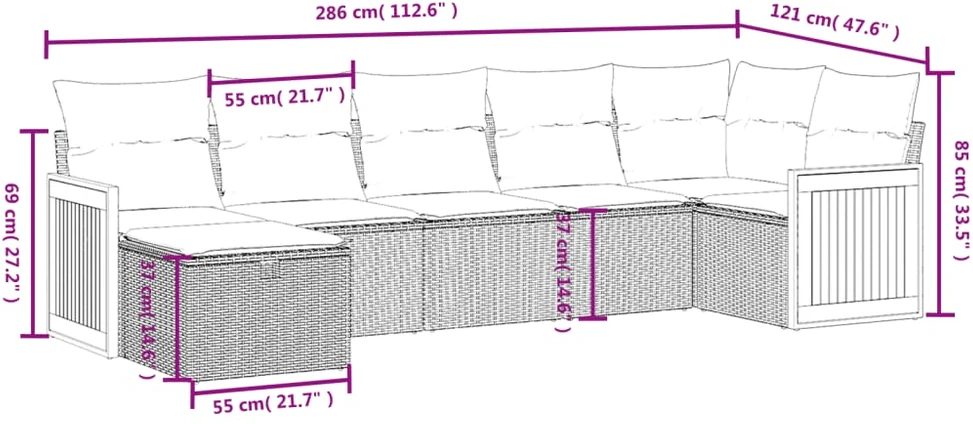 Lauko baldų komplektas Sofos komplektas su pagalvėlėmis, 7 dalių, juodas, poliratanas