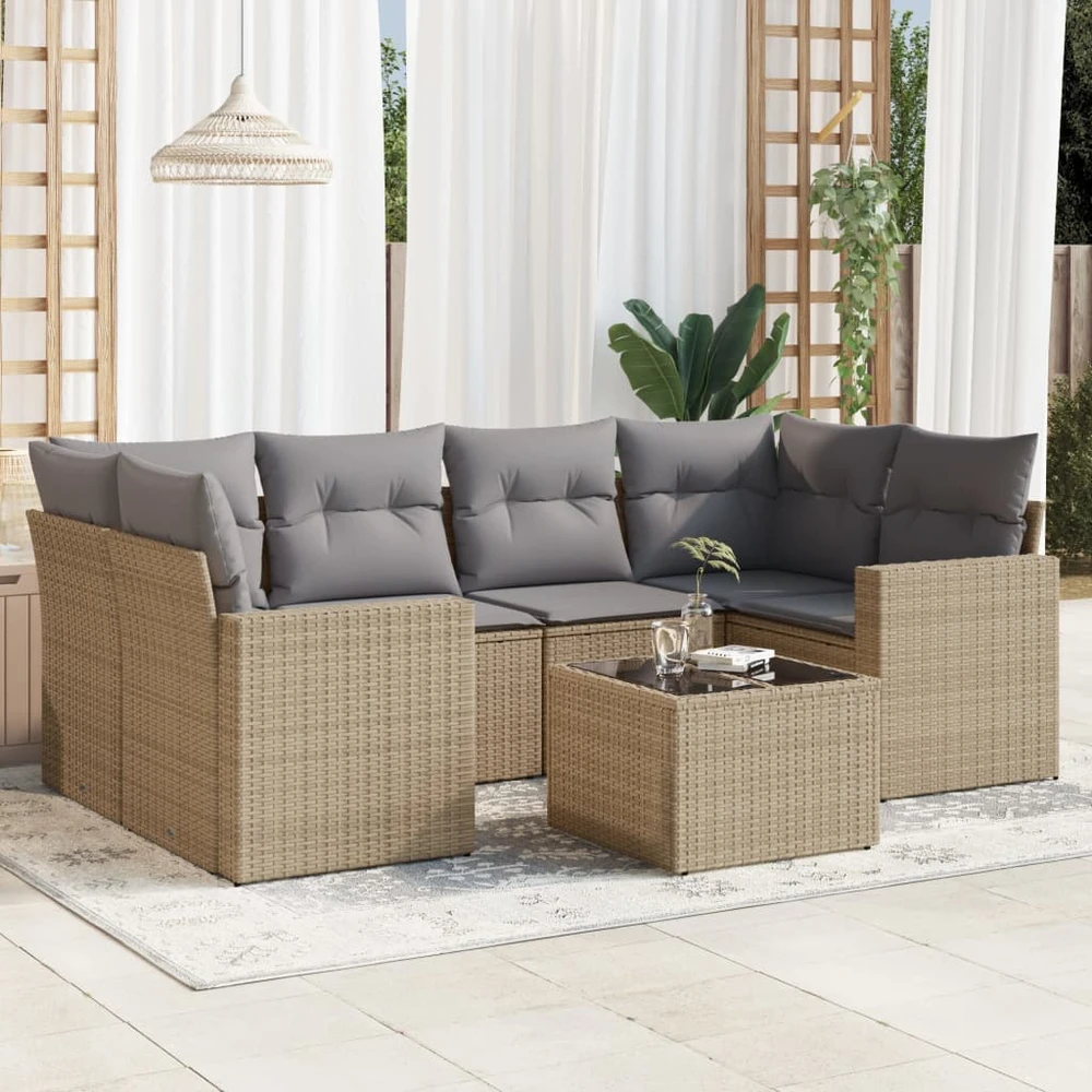 Sofa Sofos komplektas su pagalvėlėmis, 7 dalių, smėlio, poliratanas
