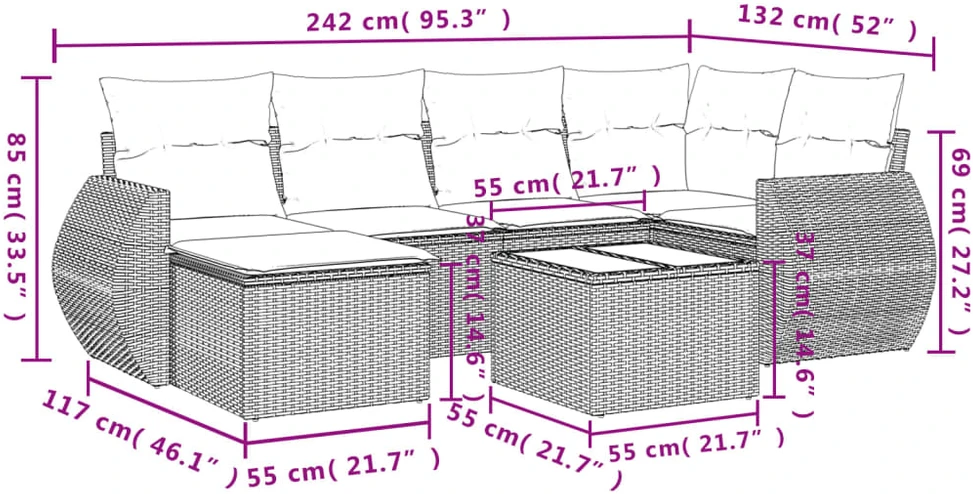 Sofa Sofos komplektas su pagalvėlėmis, 7 dalių, smėlio, poliratanas