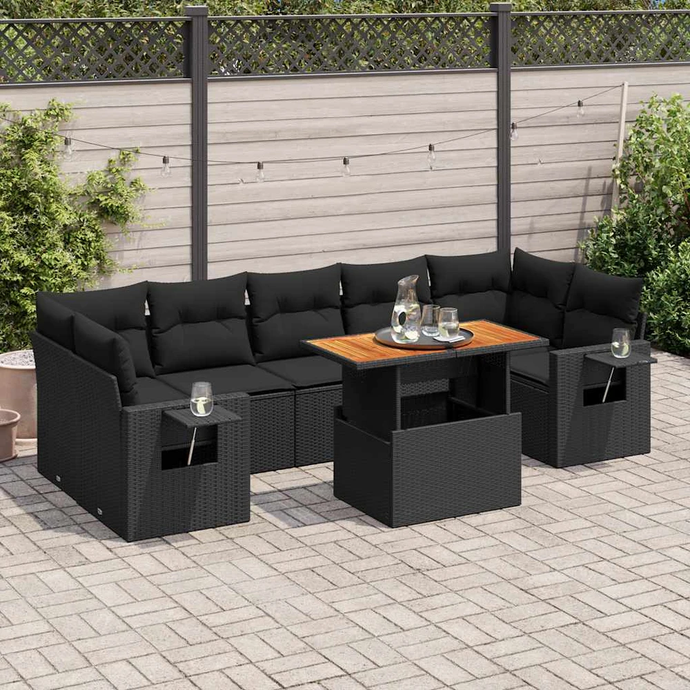 Sofa Sofos komplektas su pagalvėlėmis, 8 dalių, juodas, poliratanas