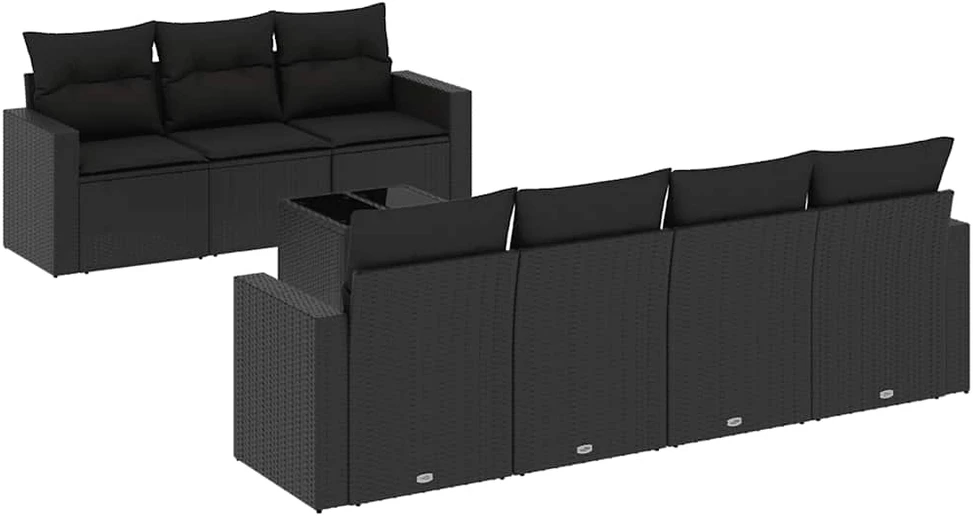 Lauko baldų komplektas Sofos komplektas su pagalvėlėmis, 8 dalių, juodas, poliratanas