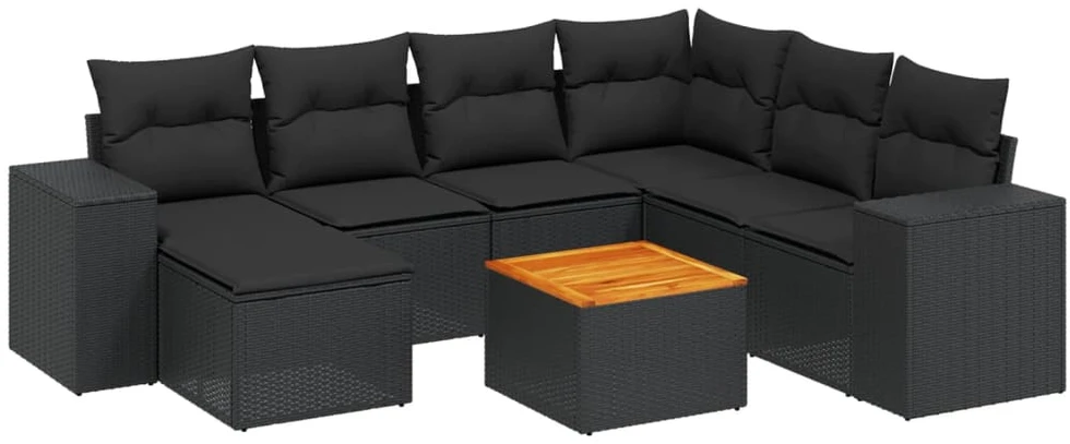 Sofa Sofos komplektas su pagalvėlėmis, 8 dalių, juodas, poliratanas