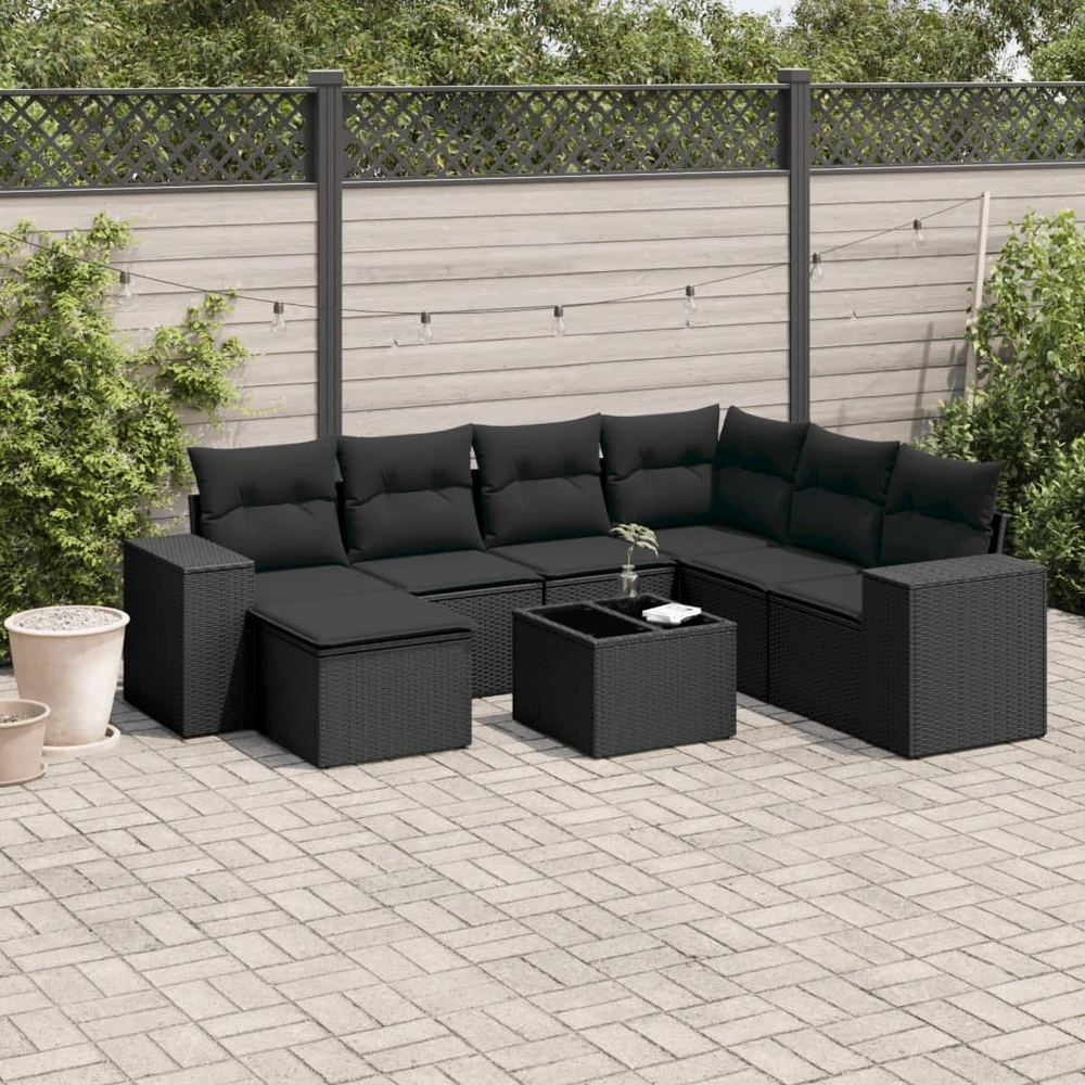 Sofa Sofos komplektas su pagalvėlėmis, 8 dalių, juodas, poliratanas
