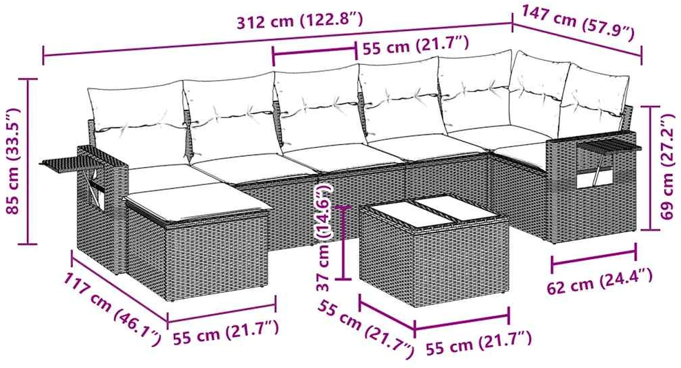 Lauko baldų komplektas Sofos komplektas su pagalvėlėmis, 8 dalių, juodas, poliratanas