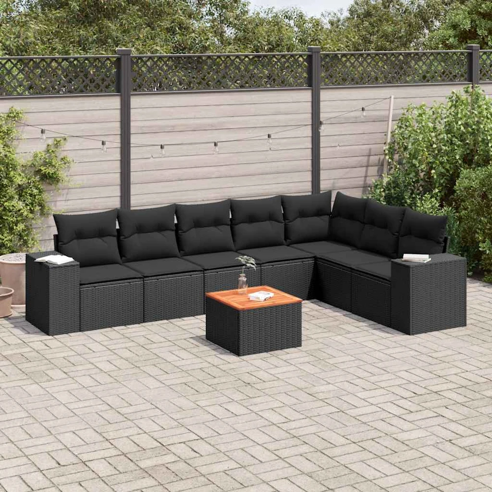 Sofa Sofos komplektas su pagalvėlėmis, 8 dalių, juodas, poliratanas
