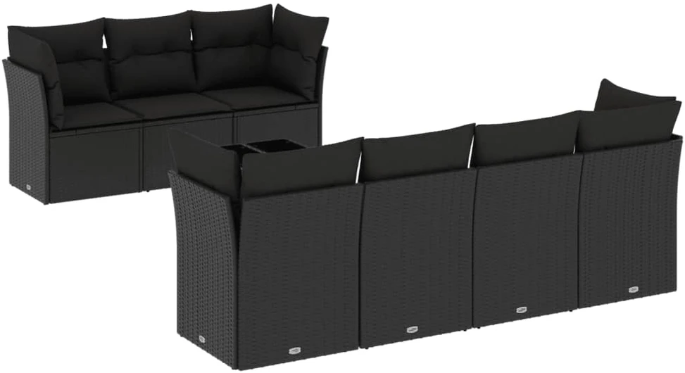 Lauko baldų komplektas Sofos komplektas su pagalvėlėmis, 8 dalių, juodas, poliratanas