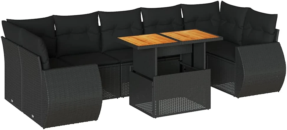 Sofa Sofos komplektas su pagalvėlėmis, 8 dalių, juodas, poliratanas