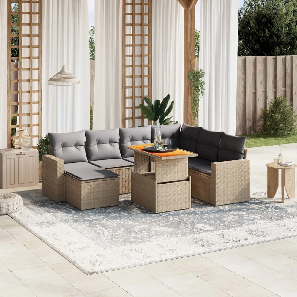 Lauko baldų komplektas Sofos komplektas su pagalvėlėmis, 8 dalių, smėlio, poliratanas