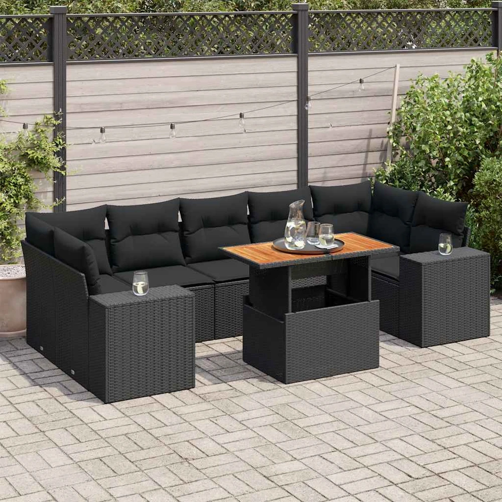 Sofa Sofos komplektas su pagalvėlėmis, 8 dalių, juodas, poliratanas