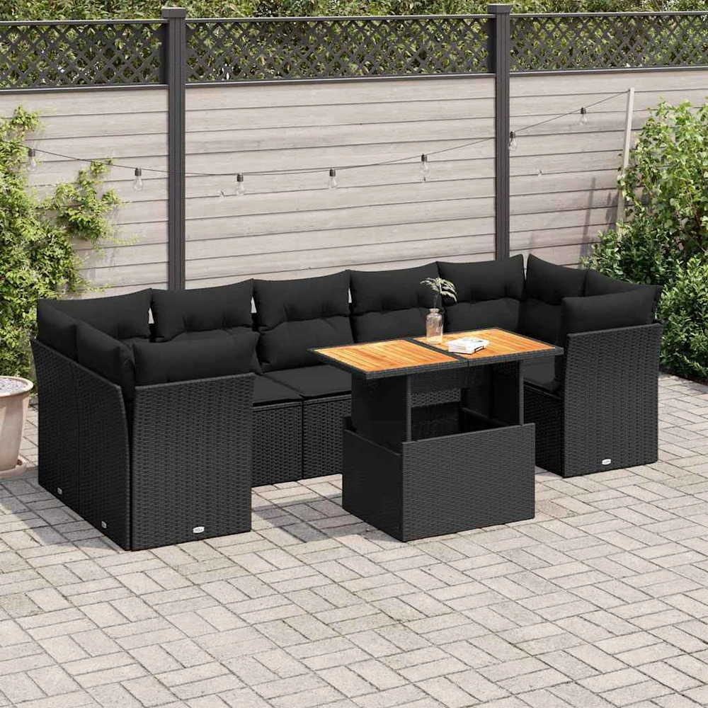 Sofa Sofos komplektas su pagalvėlėmis, 8 dalių, juodas, poliratanas