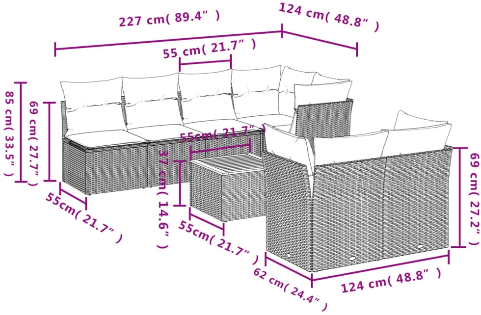 Sofa Sofos komplektas su pagalvėlėmis, 8 dalių, smėlio, poliratanas