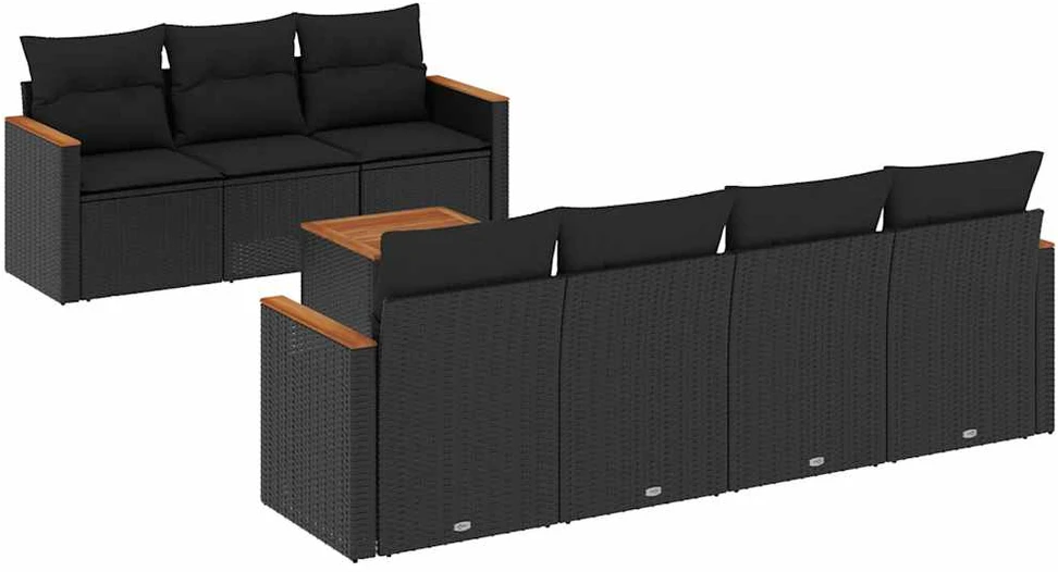 Lauko baldų komplektas Sofos komplektas su pagalvėlėmis, 8 dalių, juodas, poliratanas