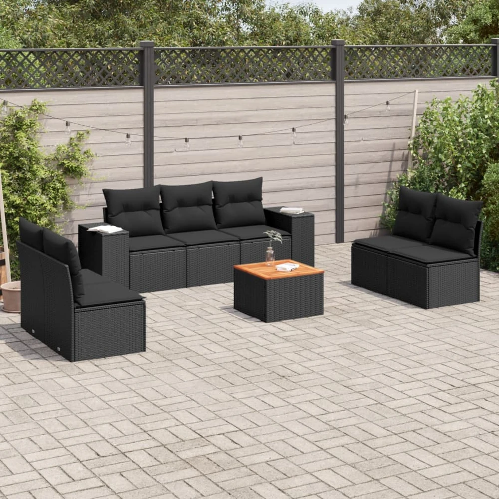 Sofa Sofos komplektas su pagalvėlėmis, 8 dalių, juodas, poliratanas