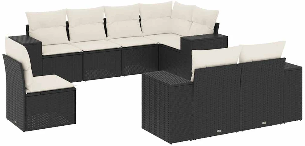 Lauko baldų komplektas Sofos komplektas su pagalvėlėmis, 8 dalių, juodas, poliratanas