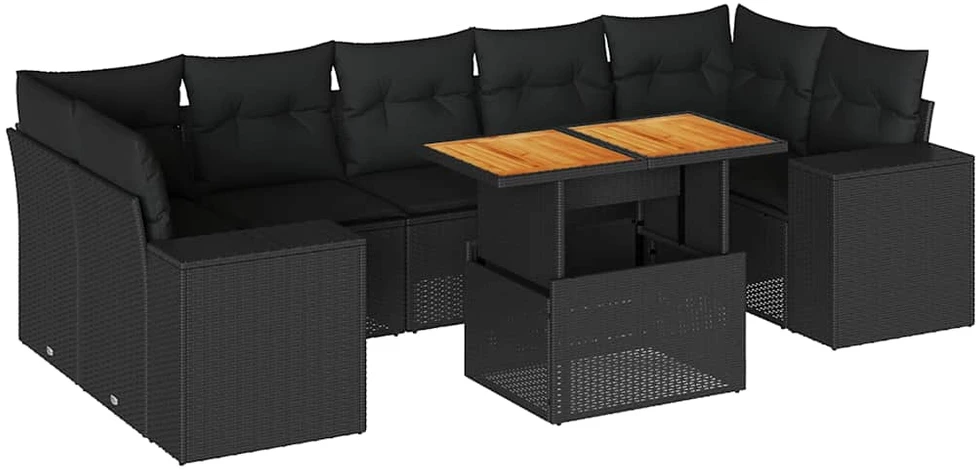 Sofa Sofos komplektas su pagalvėlėmis, 8 dalių, juodas, poliratanas