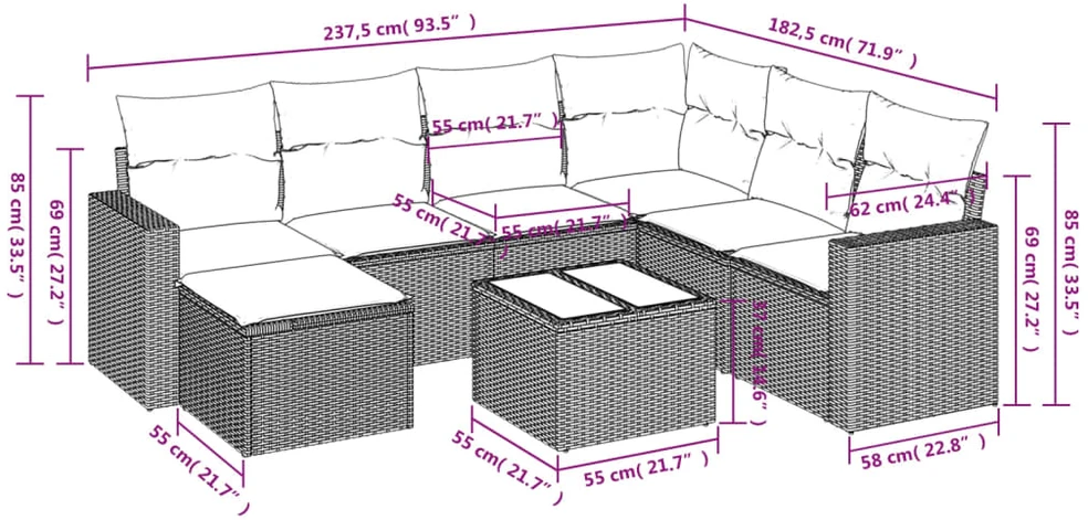 Sofa Sofos komplektas su pagalvėlėmis, 8 dalių, smėlio, poliratanas