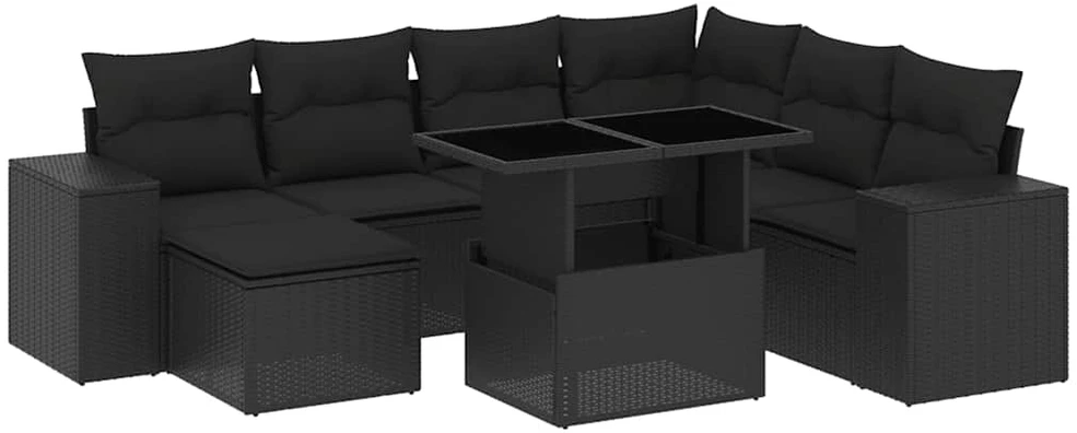 Lauko baldų komplektas Sofos komplektas su pagalvėlėmis, 8 dalių, juodas, poliratanas