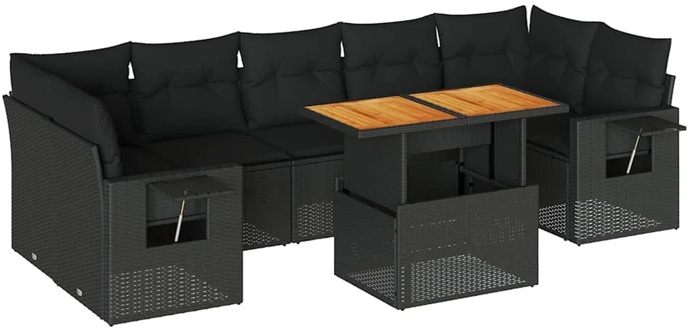 Sofa Sofos komplektas su pagalvėlėmis, 8 dalių, juodas, poliratanas