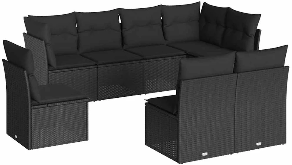 Lauko baldų komplektas Sofos komplektas su pagalvėlėmis, 8 dalių, juodas, poliratanas