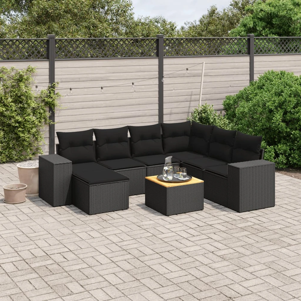Sofa Sofos komplektas su pagalvėlėmis, 8 dalių, juodas, poliratanas