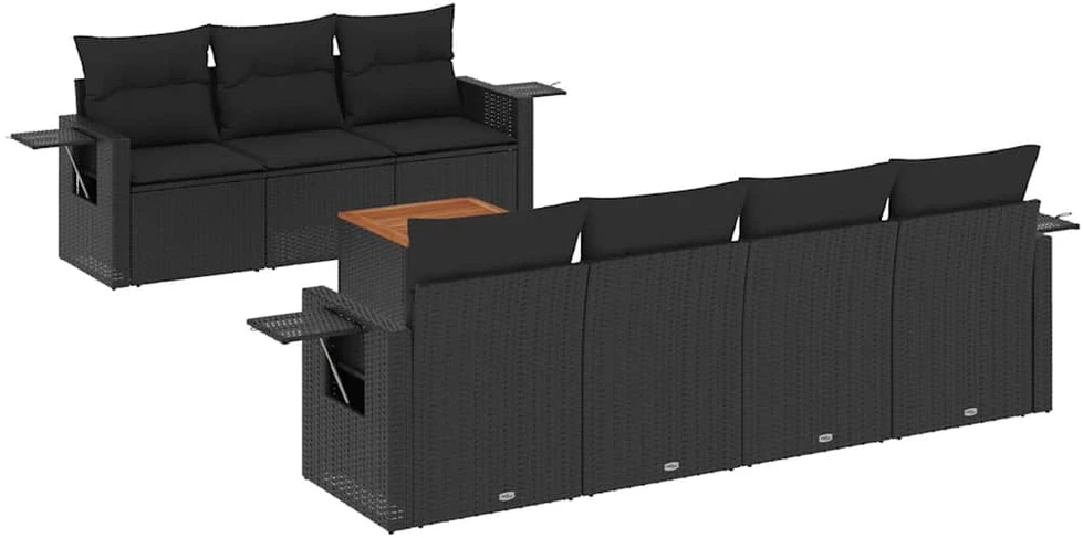 Lauko baldų komplektas Sofos komplektas su pagalvėlėmis, 8 dalių, juodas, poliratanas